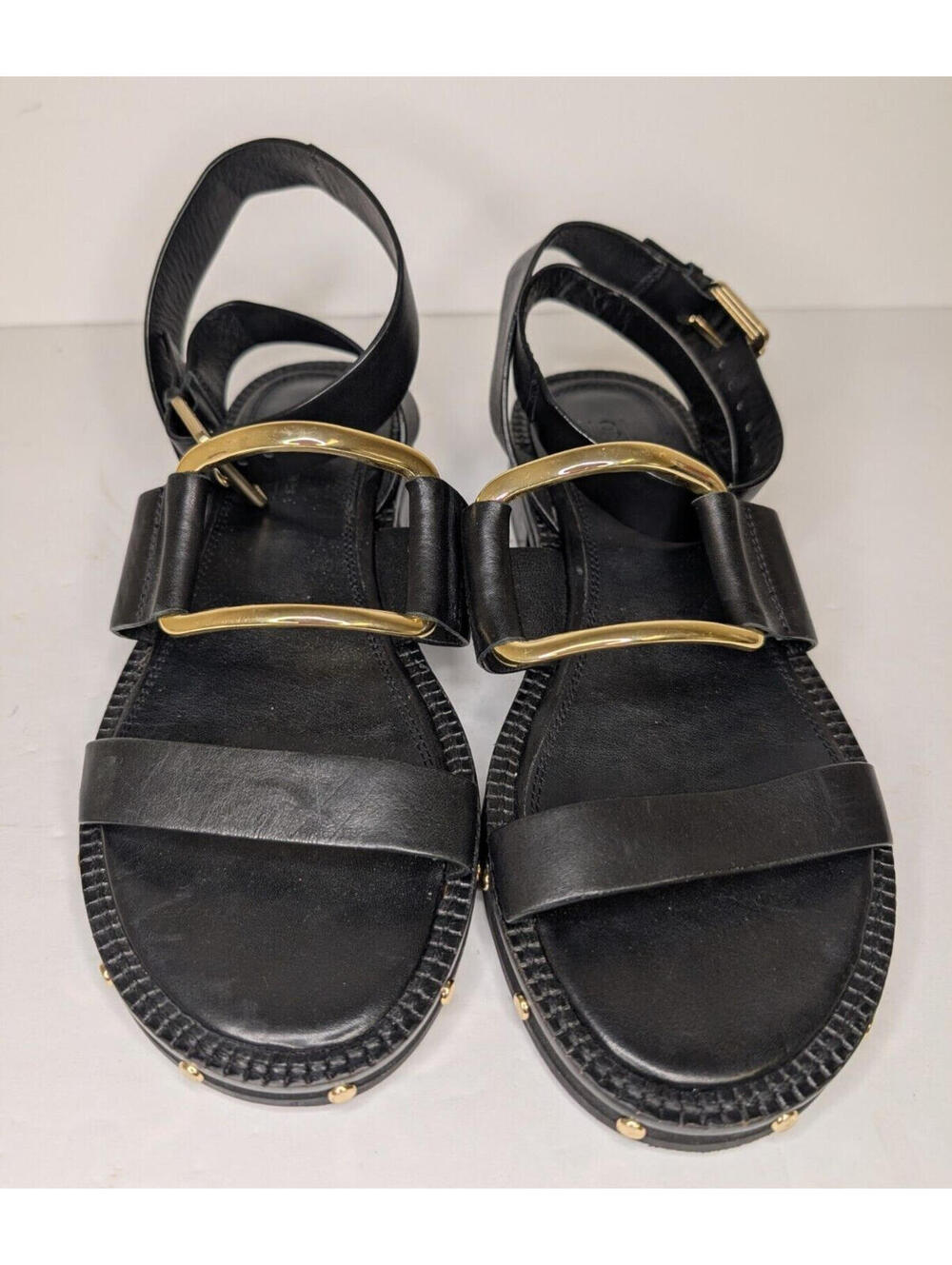 ASOS Design Women's Farley Leather Chunky Studded Flat BLACK Gold Sandals Sz 5